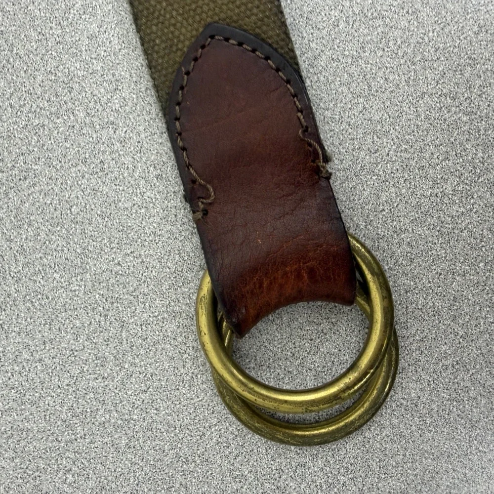 Clarks Belt Mens 40 Green Brown Canvas Leather Double Ring D-Ring D Ring Buckle